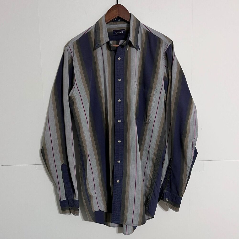 Vintage 90s Gant Mens Shirt Size Mt Tall Multicolor Foxhunt Stripe Button Up